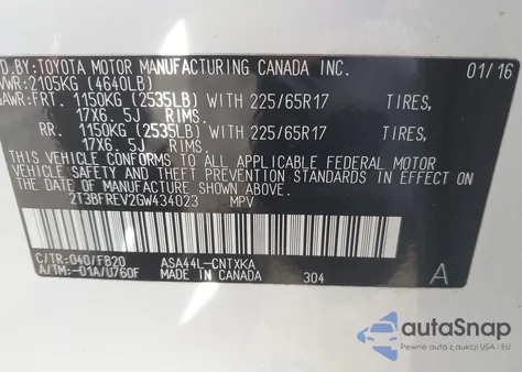 2016 Toyota Rav4 Le from USA, damaged, VIN 2T3BFREV2GW434023